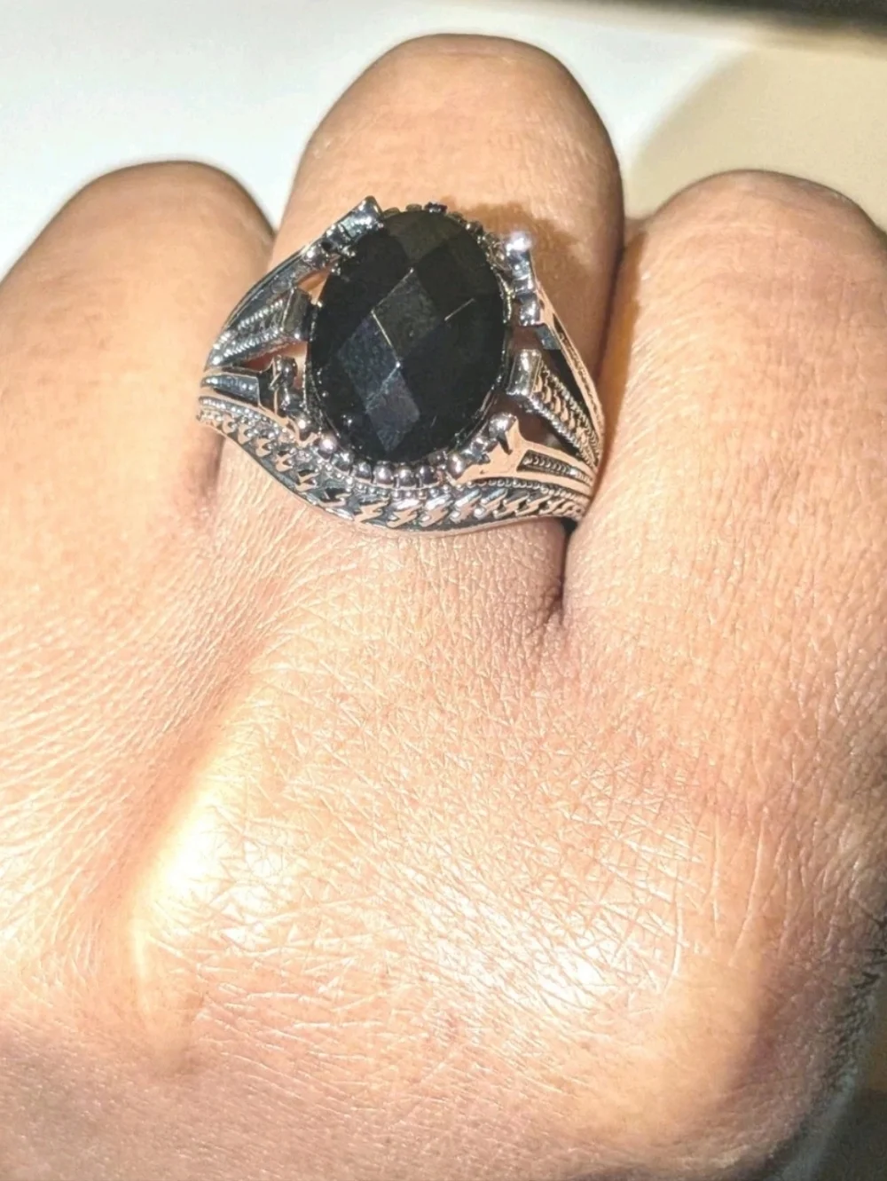 Men’s Black Simulated Onyx Ring Silver Plated Size 10 Oval Statement Gothic Ring